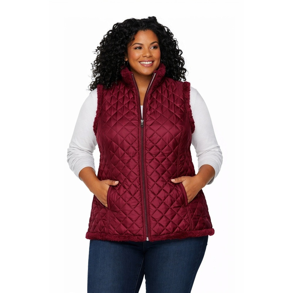 Denim & Co Womens 3X Burgundy Reversible Quilted Faux Fur Zip Front Vest New - Picture 2 of 3